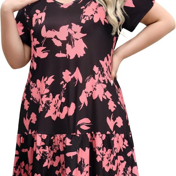 Plus Size Midi Dress V-Neck Short Sleeve Casual Summer Loose T Shirt - Picture 1 of 7